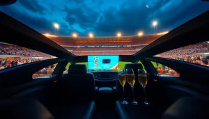 World Cup Group Transportation in a luxury limousine outside a stadium, showcasing celebration and comfort.