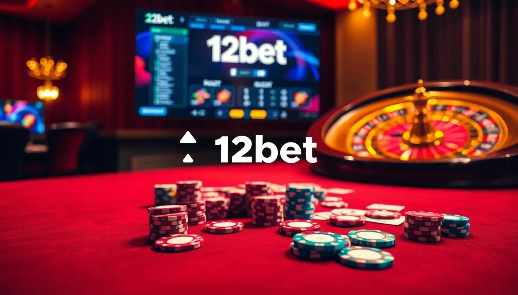 Experience thrilling gaming action at 12bet with vibrant poker chips and casino tables.
