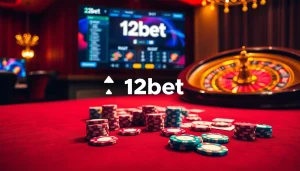 Experience thrilling gaming action at 12bet with vibrant poker chips and casino tables.