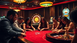 KJC casino scene with intense poker game, luxury decor, and engaging atmosphere.