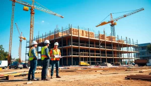 Showcasing Austin construction with builders at work on a vibrant site.