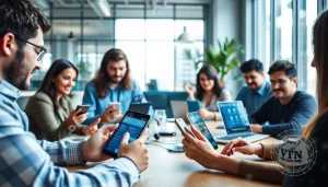 快连官网 interface with users accessing the VPN on various devices in a modern workspace.