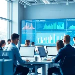 Email verification process in a modern tech office with professionals analyzing data and analytics.