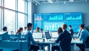 Email verification process in a modern tech office with professionals analyzing data and analytics.