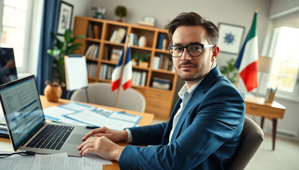 Environnement professionnel d'un traducteur assermenté italien travaillant sur des documents officiels dans un bureau chaleureux.