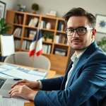 Environnement professionnel d'un traducteur assermenté italien travaillant sur des documents officiels dans un bureau chaleureux.