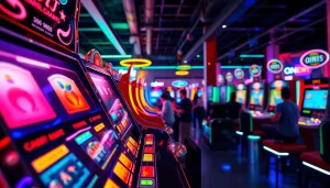 Permainan slot deposit 1000 qris dalam lingkungan arcade yang ceria dan penuh energi.