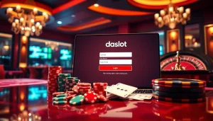 Engage in doaslot login surrounded by vibrant casino elements like chips and roulette wheels.