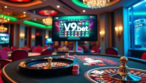V9bet online betting interface showcased with luxurious casino elements including chips and cards.