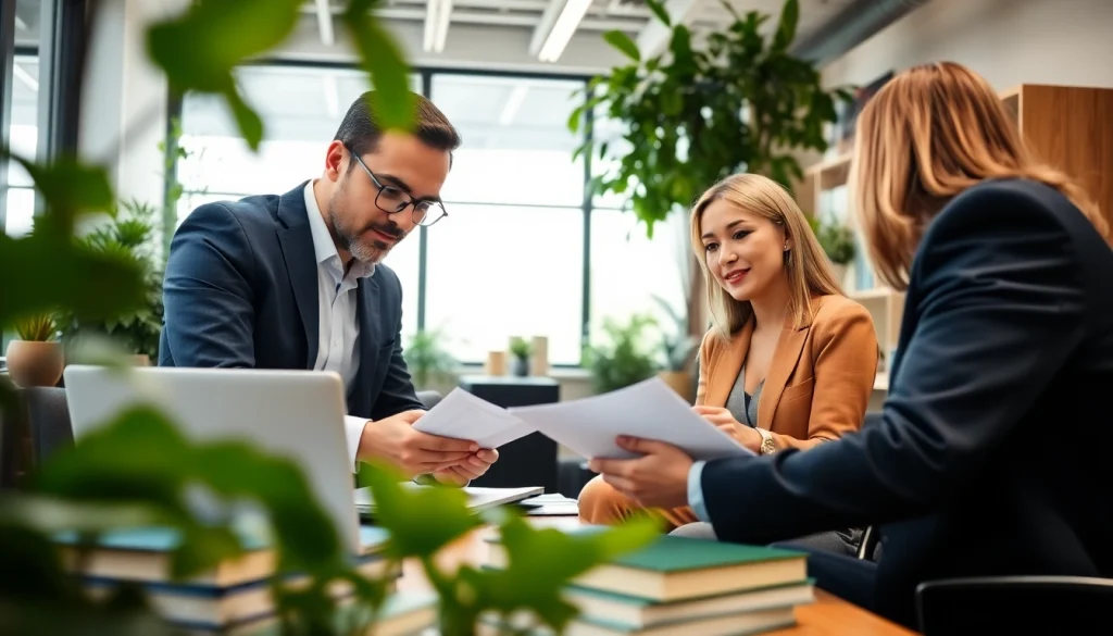 Environmental law firm team collaborating in an eco-friendly office with natural lighting.