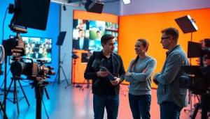 Creative Video Production Agency team brainstorming and filming in a vibrant studio environment.