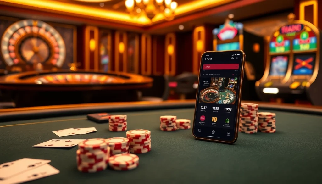 Trải nghiệm cảm giác hồi hộp khi chơi tik 88 với bố trí casino sang trọng, thể hiện bàn poker, chip và máy đánh bạc.