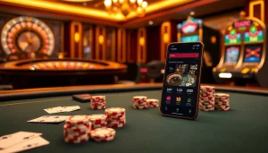 Trải nghiệm cảm giác hồi hộp khi chơi tik 88 với bố trí casino sang trọng, thể hiện bàn poker, chip và máy đánh bạc.