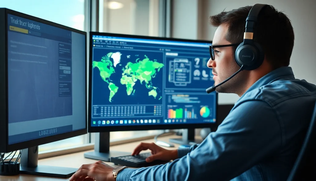 Professional dispatcher optimizing routes for a Trucking Dispatch Company using advanced logistics software.