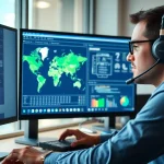 Professional dispatcher optimizing routes for a Trucking Dispatch Company using advanced logistics software.