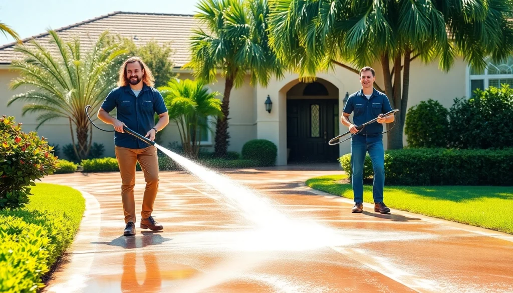 Pressure wash team revitalizing a residential driveway in Kissimmee, FL with hot water jets.