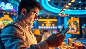 Engaging user at a modern gambling platform, showcasing https://uu88.blog/ in an exciting atmosphere.