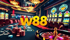 Lượt chơi đầy hứng khởi tại W88 với bàn poker sống động và các máy đánh bạc trong một casino sang trọng.