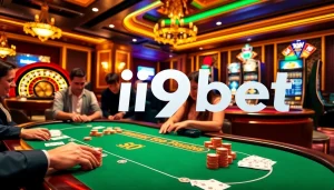 Players betting with excitement at i9bet's luxurious online casino interface featuring poker and slot games.