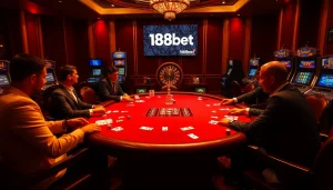 Experience the thrill of high-stakes poker at 188bet casino with vibrant chips and cards.