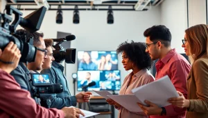 Collaborative team at a Creative Video Production Agency reviewing footage in a bright studio.