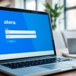 Atera login interface displayed on a laptop with modern office elements.