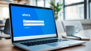 Atera login interface displayed on a laptop with modern office elements.