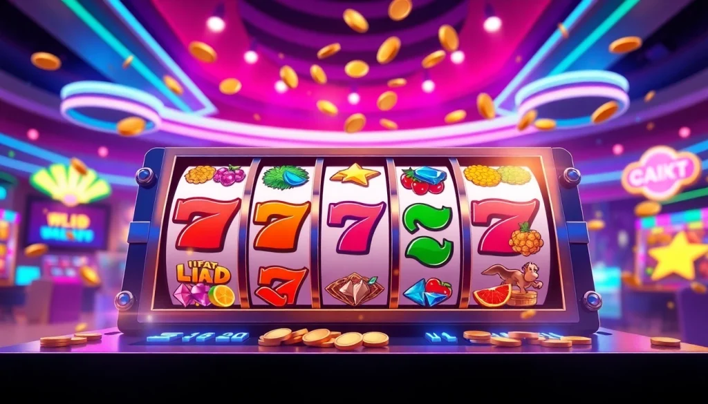 Menampilkan tampilan menarik slot depo 1k dengan simbol permainan yang berwarna cerah dan efek animasi.