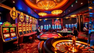 Exciting casino scene with slot machines and poker tables at 123b, showcasing vibrant gambling atmosphere.