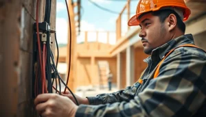 Electrician apprenticeship Hawaii with a focused apprentice working on wiring at a construction site.