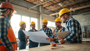 Collaborative team in construction advocacy carolinas analyzing plans for successful projects.