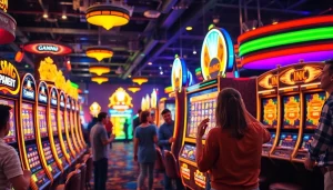 Memainkan slot bet 50 dengan keseruan jackpot dan cahaya berkilau di kasino.