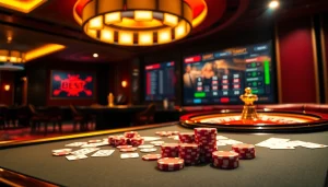 Hòa mình vào sự hào hứng của ứng dụng Bet VIP trong một casino sang trọng, nổi bật với bàn cược động.