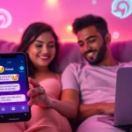 AI sexting interaction with futuristic devices and intimate atmosphere.