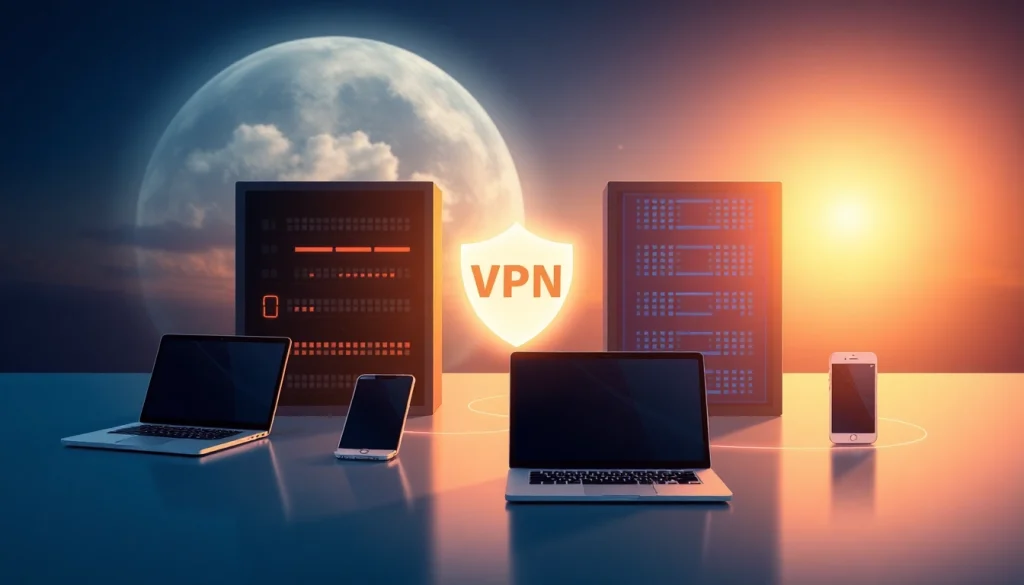 Visualizing a vpn connection with devices showcasing online security and freedom, emphasizing digital protection.