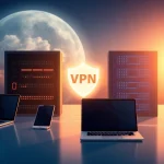 Visualizing a vpn connection with devices showcasing online security and freedom, emphasizing digital protection.