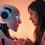 Interactive experience between a human couple and an AI robot, emphasizing ai sex in a futuristic setting.