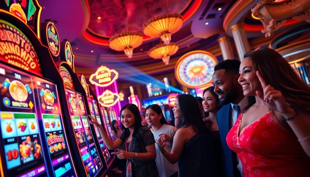 Experience thrilling gambling excitement at birutoto with colorful slot machines and enthusiastic players.