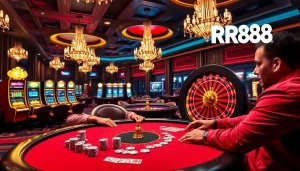Experience the excitement of RR88 at a luxurious casino table with high-stakes poker and vibrant slot machines.