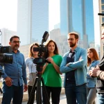 Creative Video Production Agency team collaborating on a video shoot in an urban environment.