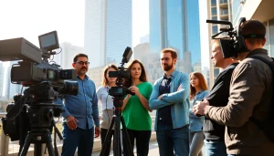 Creative Video Production Agency team collaborating on a video shoot in an urban environment.