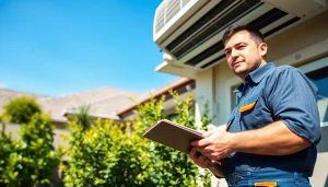 HVAC technician performing ac repair glendale az in a residential backyard setting.