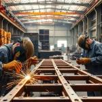 Welders in a steel fabrication shop collaborating on metal structures.