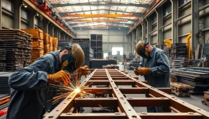 Welders in a steel fabrication shop collaborating on metal structures.
