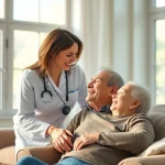 Engaging scene of austin senior home care, featuring caregiver and elderly man in a cozy living room.