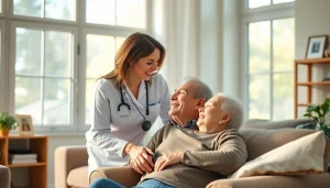 Engaging scene of austin senior home care, featuring caregiver and elderly man in a cozy living room.