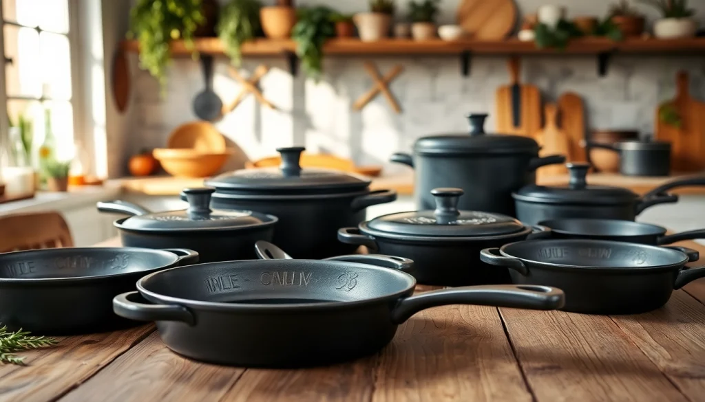 Showcase of cast iron cookware NZ collection featuring skillets and dutch ovens.