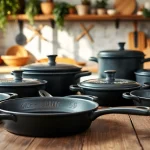 Showcase of cast iron cookware NZ collection featuring skillets and dutch ovens.