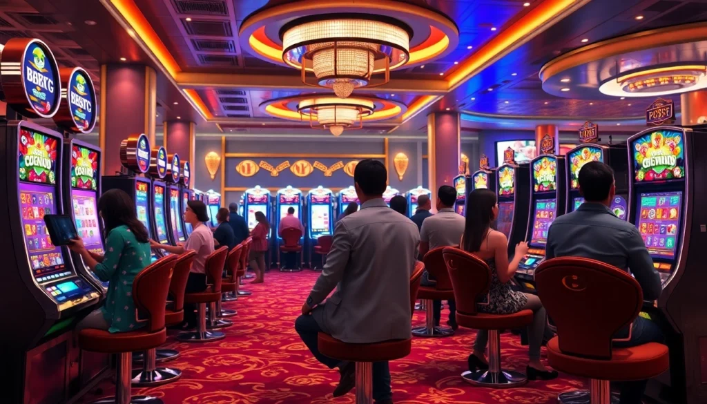 Engaged players in a luxurious slot community, showcasing vibrant slot machines and casino atmosphere.