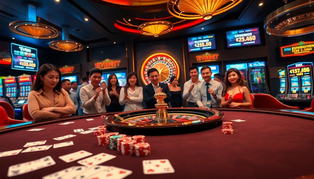 Gambling enthusiasts enjoy the excitement of EV88 net's luxurious casino experience with vibrant gaming tables and roulette.